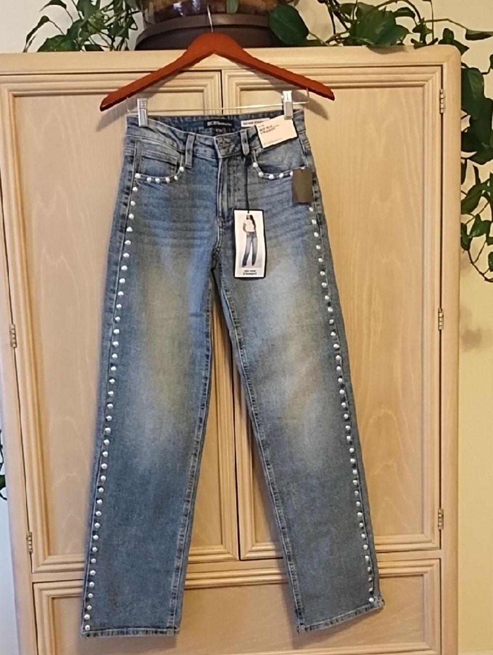 BCBGeneration Light Wash Straight-Leg Jeans with Pearl Side Trim - Blue